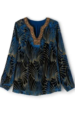 Discount Soft Surroundings Adrienne Embroidered Velvet Tunic BlueSwirlVelvetBurnout
