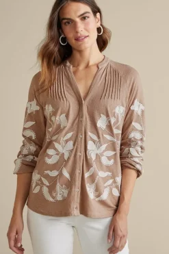 Clearance Soft Surroundings Alva Embroidered Knit Top Beige