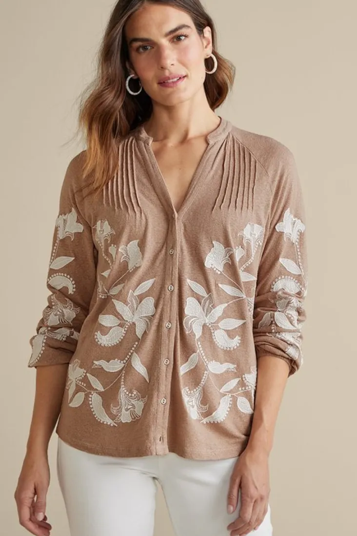 Clearance Soft Surroundings Alva Embroidered Knit Top Beige