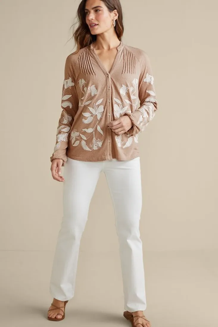 Clearance Soft Surroundings Alva Embroidered Knit Top Beige