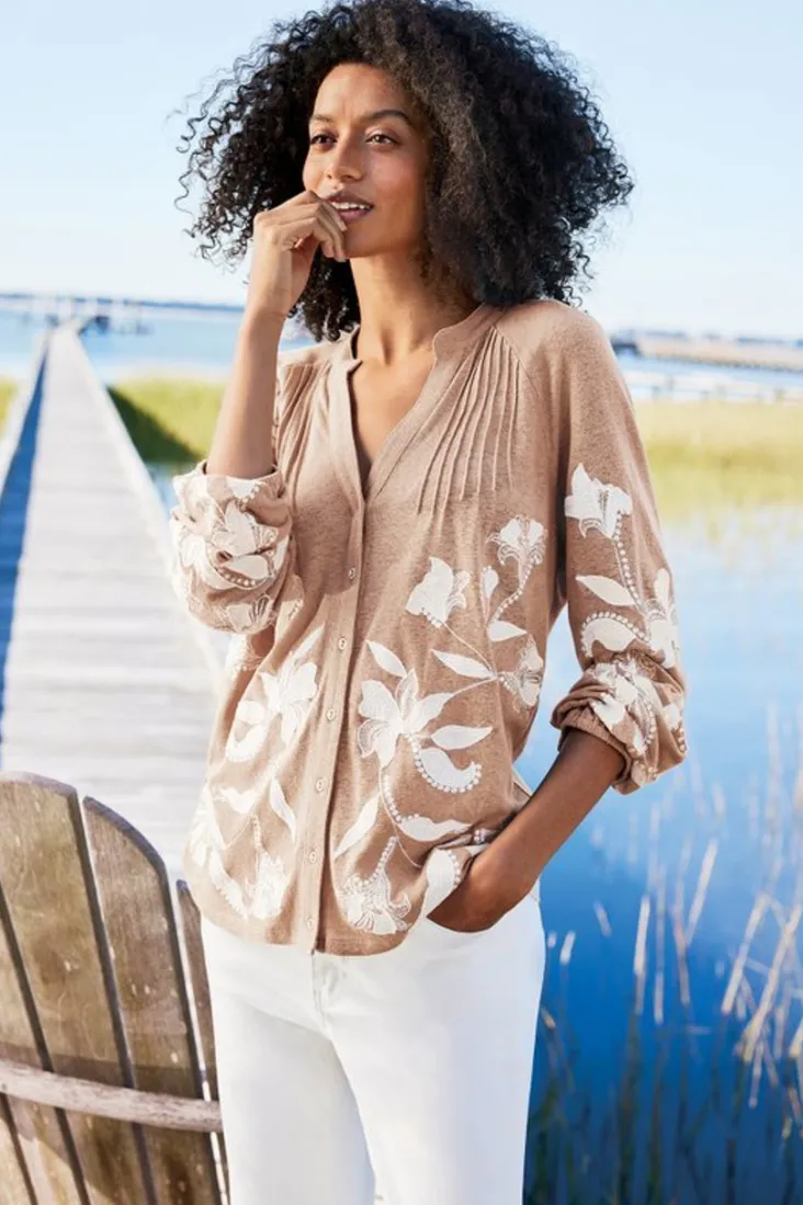 Clearance Soft Surroundings Alva Embroidered Knit Top Beige