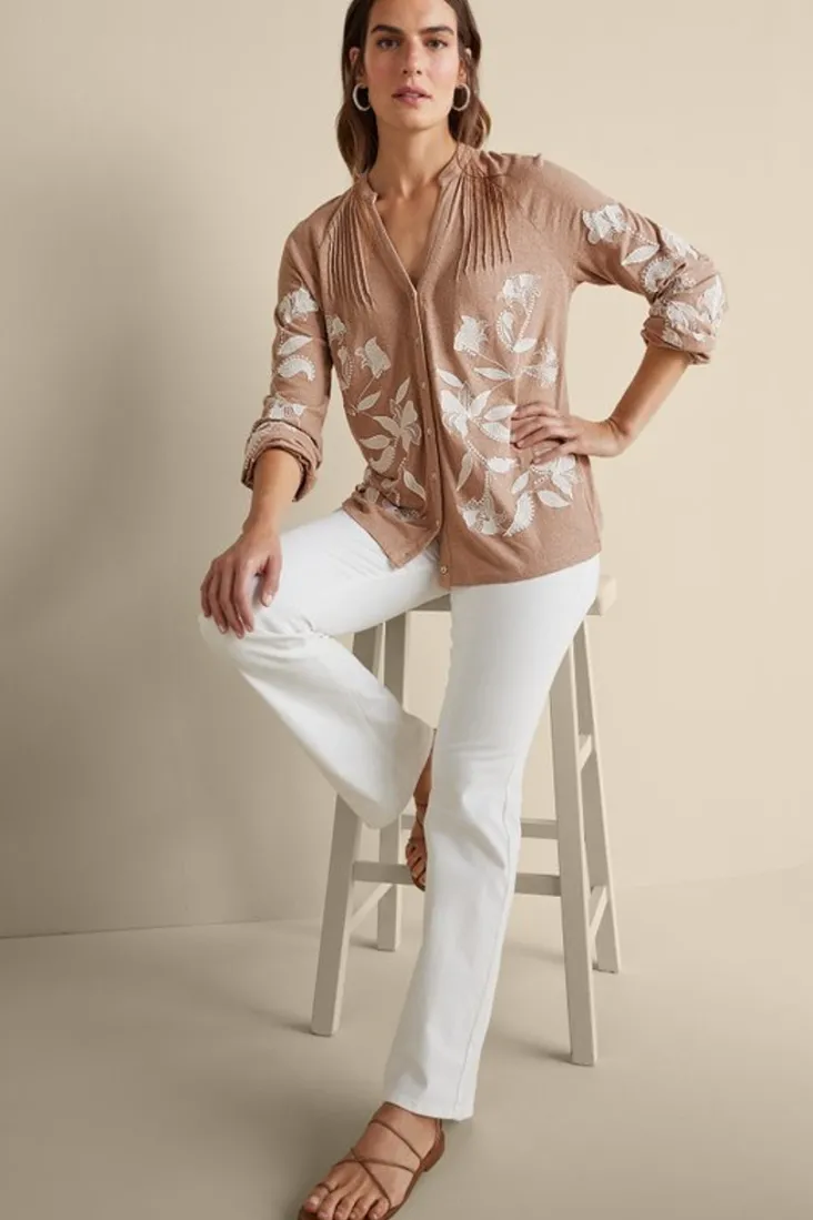 Clearance Soft Surroundings Alva Embroidered Knit Top Beige
