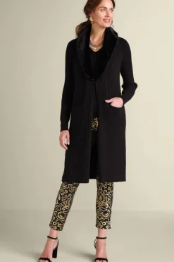 Online Soft Surroundings Amalie Faux Fur Collar Ribbed Cardigan Black