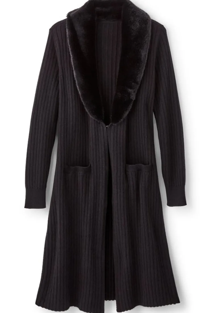 Online Soft Surroundings Amalie Faux Fur Collar Ribbed Cardigan Black