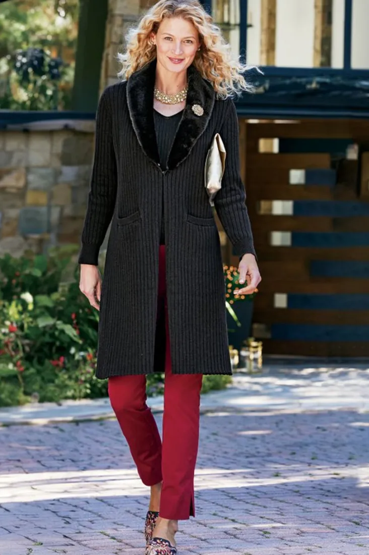 Online Soft Surroundings Amalie Faux Fur Collar Ribbed Cardigan Black