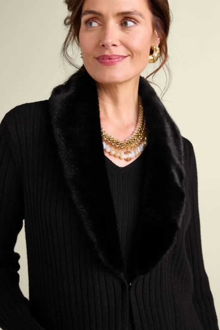Online Soft Surroundings Amalie Faux Fur Collar Ribbed Cardigan Black