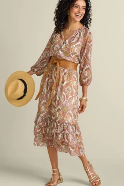 New Soft Surroundings Betsey Midi Dress GlobalScarfCreamCoral