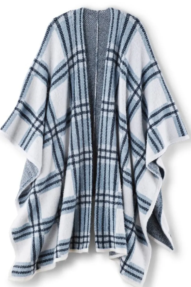 New Soft Surroundings Braunwyn Plaid Wrap BlueWindowpanePlaid
