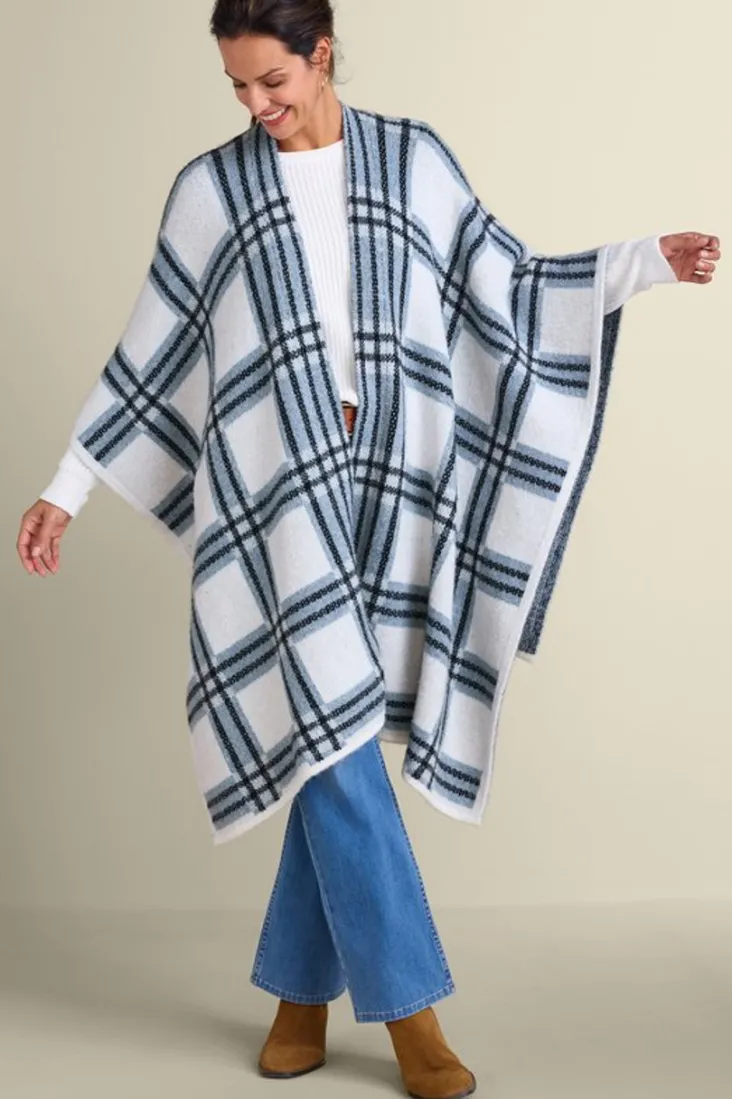 New Soft Surroundings Braunwyn Plaid Wrap BlueWindowpanePlaid