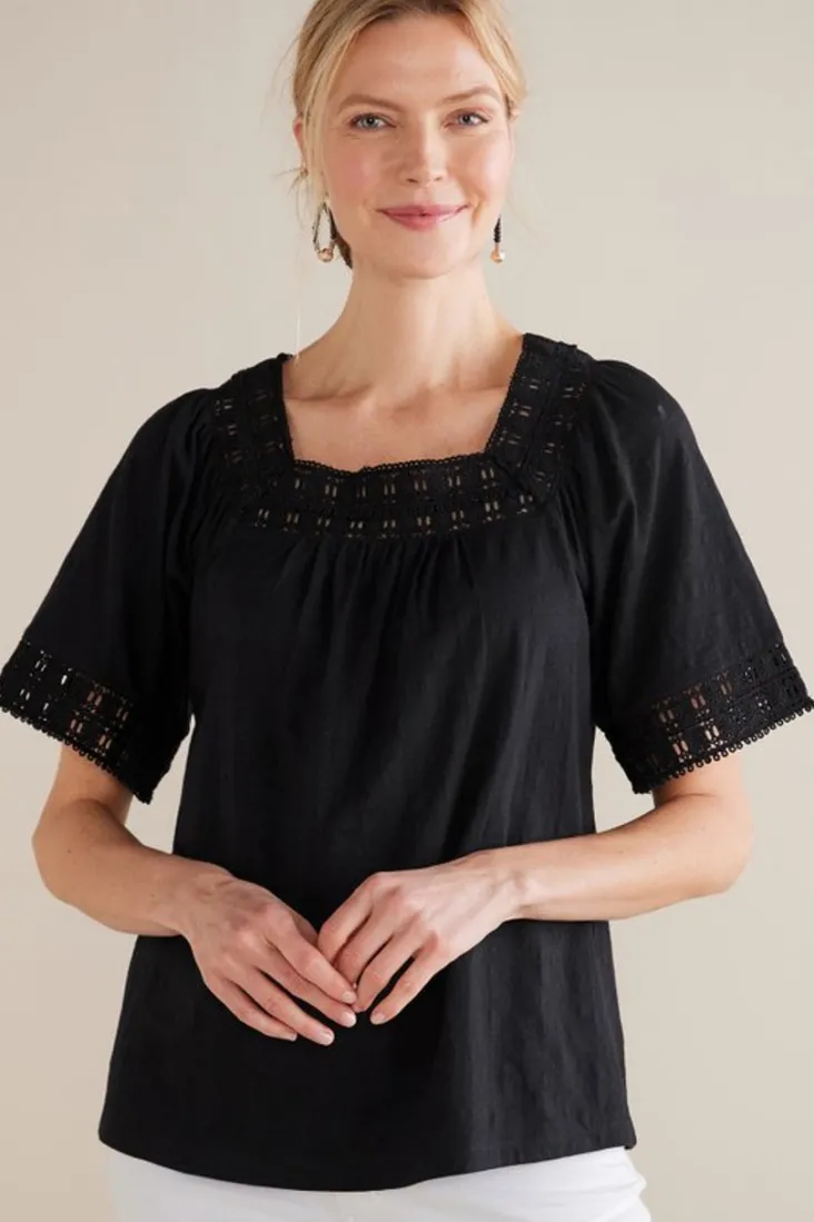 Clearance Soft Surroundings Brianna Crochet Knit Tee Black