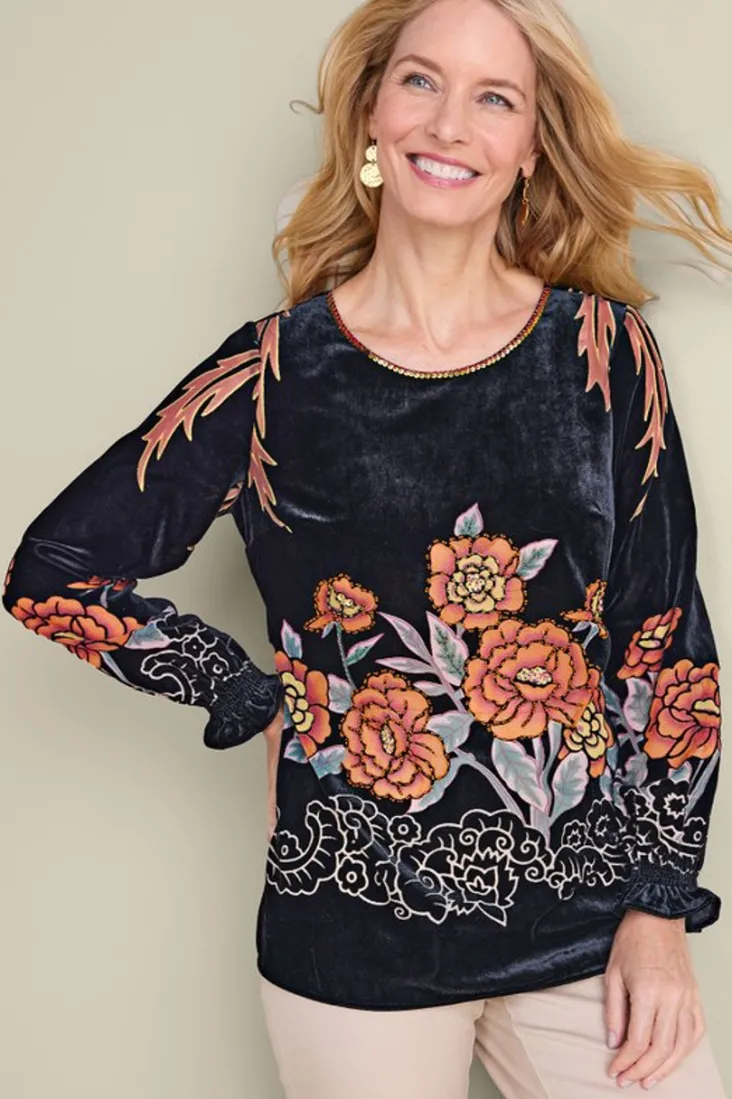 Online Soft Surroundings Brielle Velvet Top BlackMulti