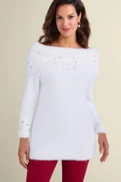 New Soft Surroundings Christina Embellished Cowl Neck Sweater Tunic IvoryPearl