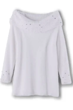 New Soft Surroundings Christina Embellished Cowl Neck Sweater Tunic IvoryPearl