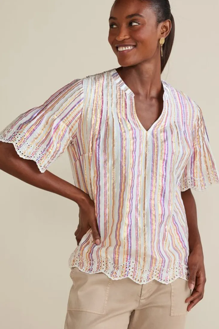 Soft Surroundings Ciel Metallic Stripe Eyelet Top MultiMetallicStripe