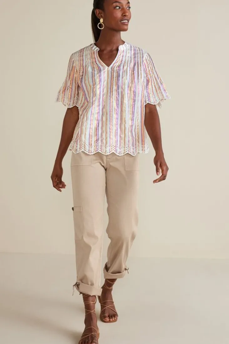 Soft Surroundings Ciel Metallic Stripe Eyelet Top MultiMetallicStripe