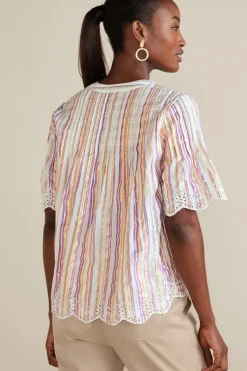 Soft Surroundings Ciel Metallic Stripe Eyelet Top MultiMetallicStripe