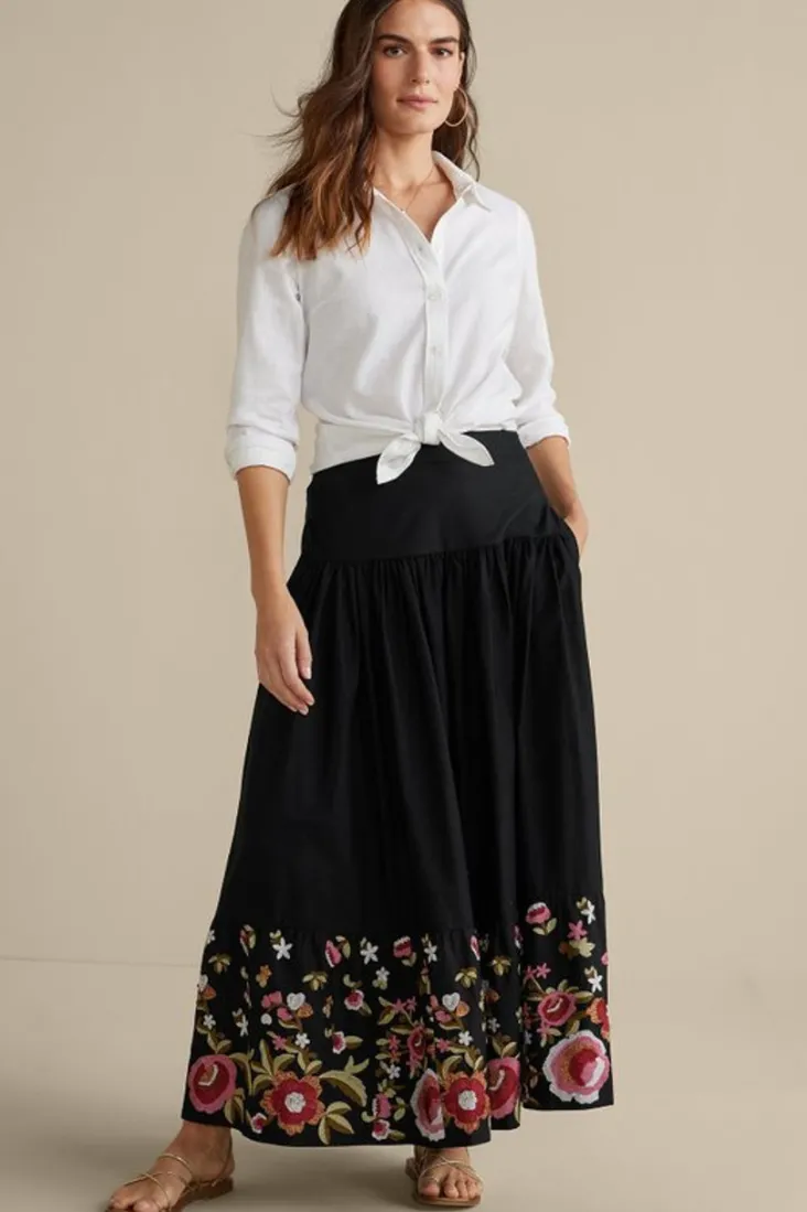 New Soft Surroundings Cindi Embroidered Maxi Skirt Black