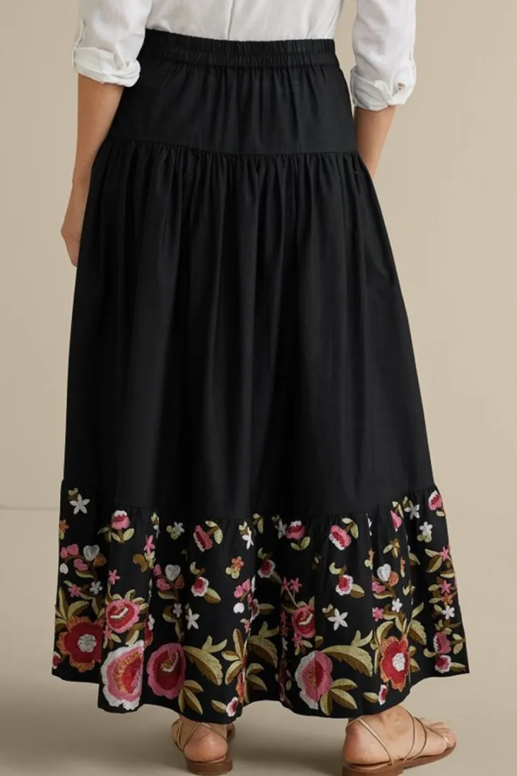 New Soft Surroundings Cindi Embroidered Maxi Skirt Black