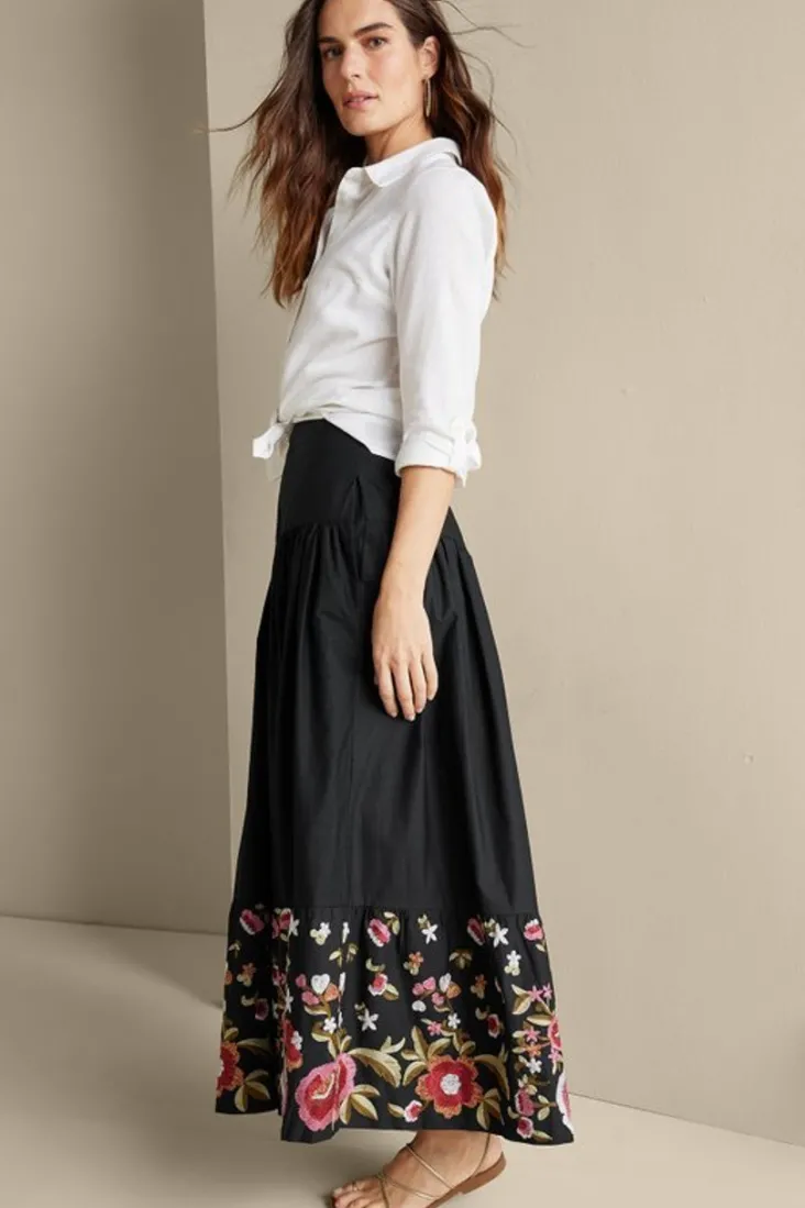 New Soft Surroundings Cindi Embroidered Maxi Skirt Black