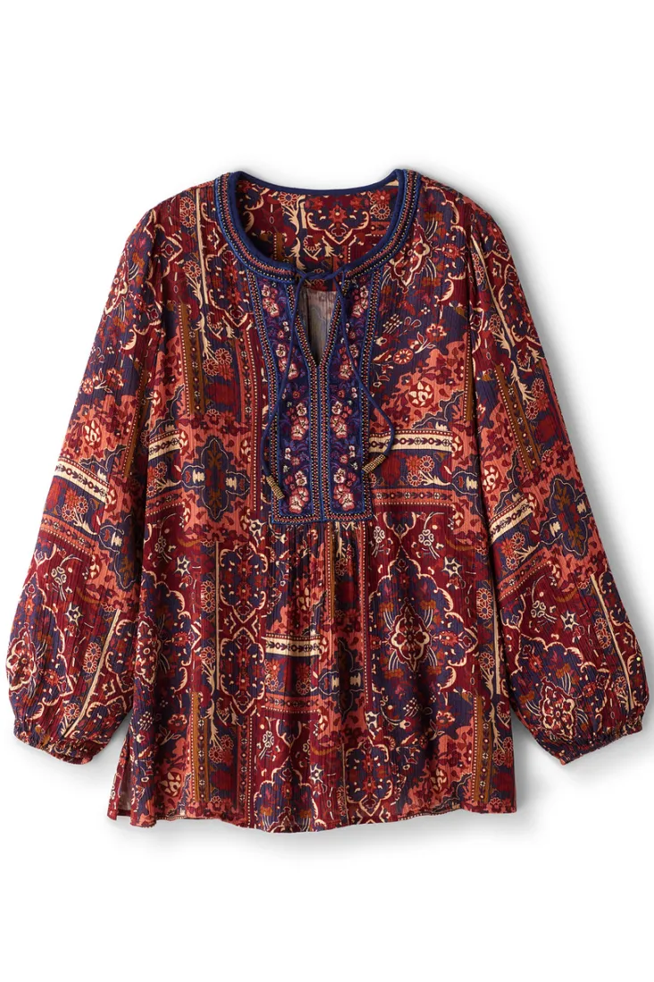 Online Soft Surroundings Cindra Embroidered Gauze Tunic RivieraPatchworkBurgund