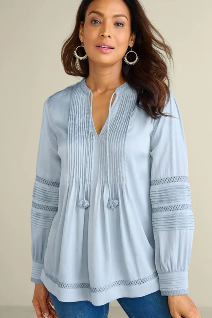 Outlet Soft Surroundings Connie Lace Trim Crepe Top BlueFog