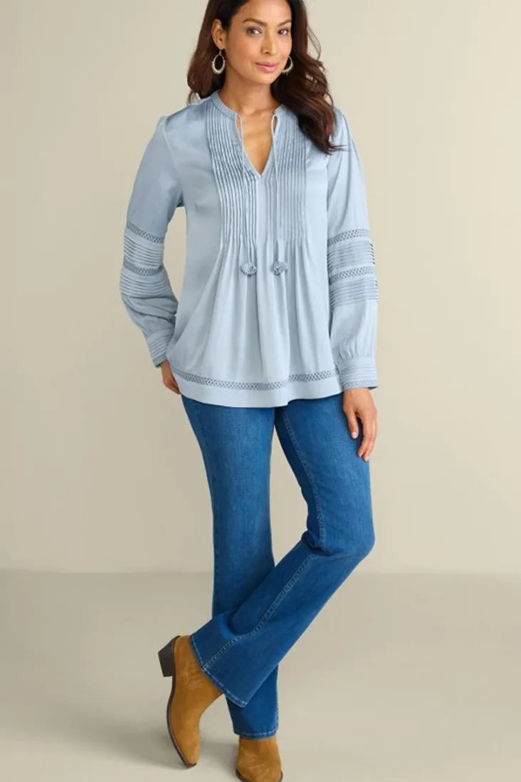 Outlet Soft Surroundings Connie Lace Trim Crepe Top BlueFog
