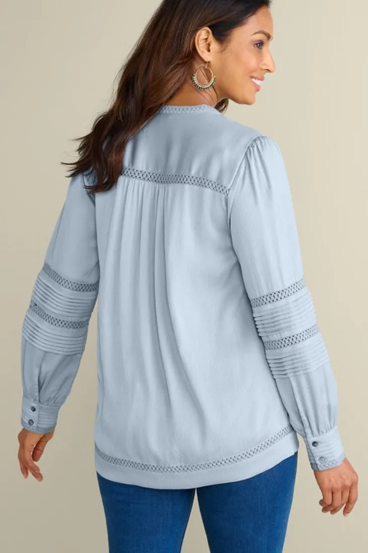 Outlet Soft Surroundings Connie Lace Trim Crepe Top BlueFog