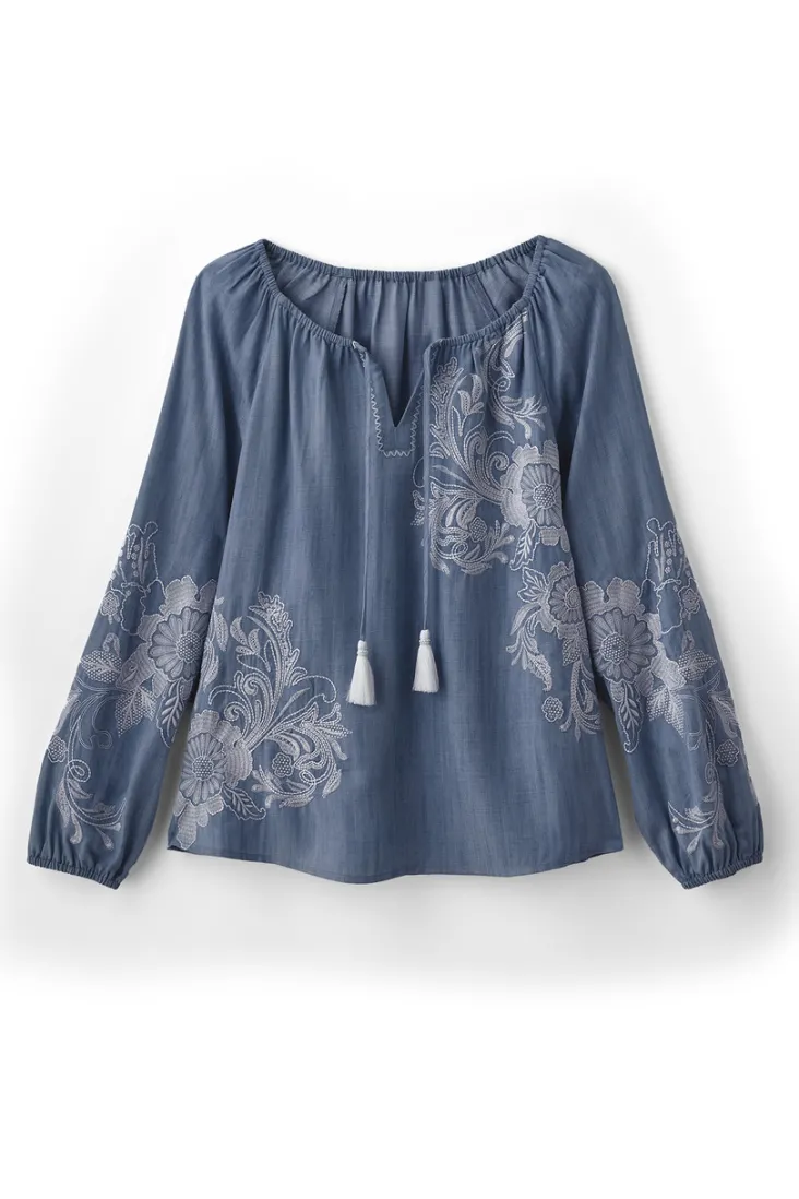 Online Soft Surroundings Diya Embroidered Tencel™ Peasant Top MediumWash