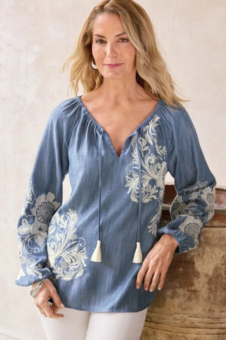 Online Soft Surroundings Diya Embroidered Tencel™ Peasant Top MediumWash