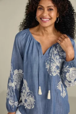 Online Soft Surroundings Diya Embroidered Tencel™ Peasant Top MediumWash