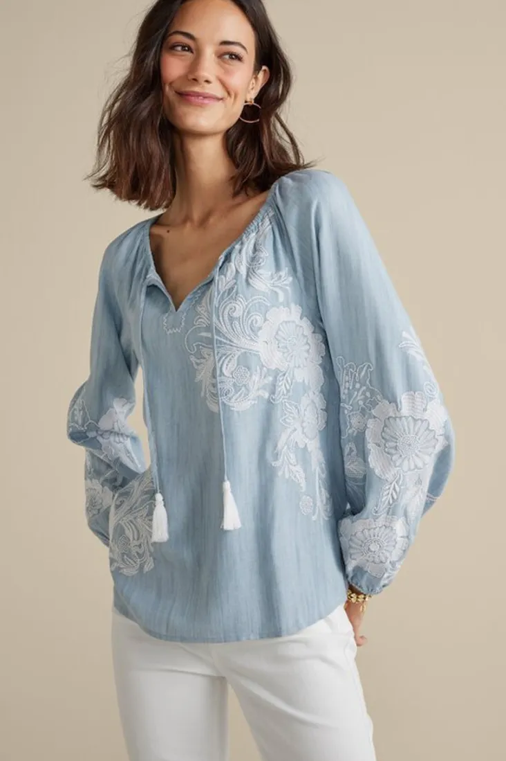 Online Soft Surroundings Diya Embroidered Tencel™ Peasant Top MediumWash