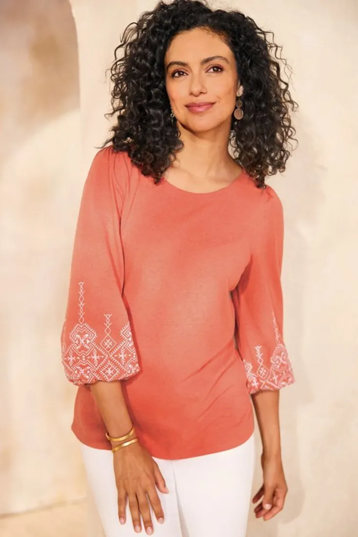 Best Soft Surroundings Embroidered Parisian Poet Top ApricotBrandy