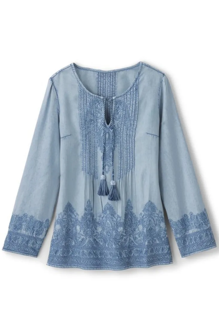 Sale Soft Surroundings Emily Embroidered Tencel™ Top LightChambray