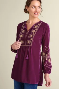 New Soft Surroundings Evelyne Embroidered Velvet Tunic MagentaPurple