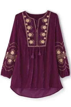New Soft Surroundings Evelyne Embroidered Velvet Tunic MagentaPurple