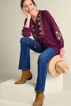 New Soft Surroundings Evelyne Embroidered Velvet Tunic MagentaPurple