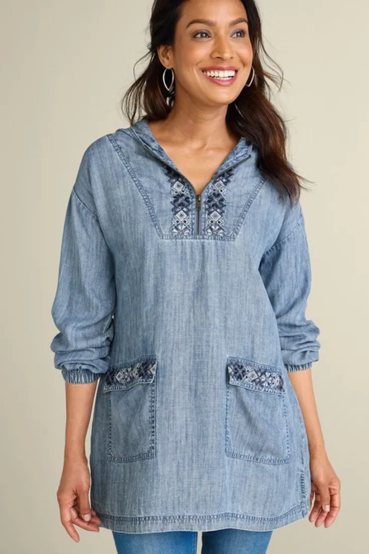 Best Soft Surroundings Evie Embroidered Tencel Hoodie WashedBlue