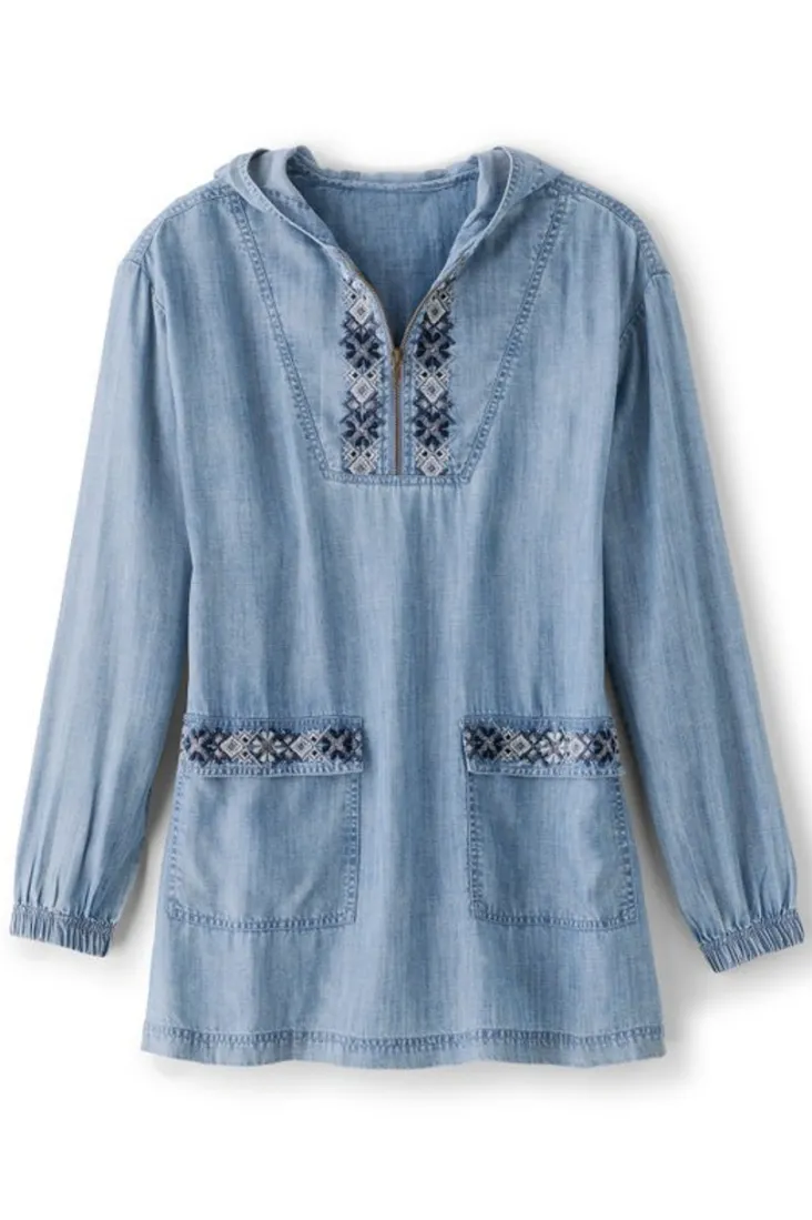 Best Soft Surroundings Evie Embroidered Tencel Hoodie WashedBlue
