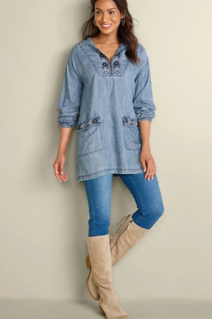 Best Soft Surroundings Evie Embroidered Tencel Hoodie WashedBlue