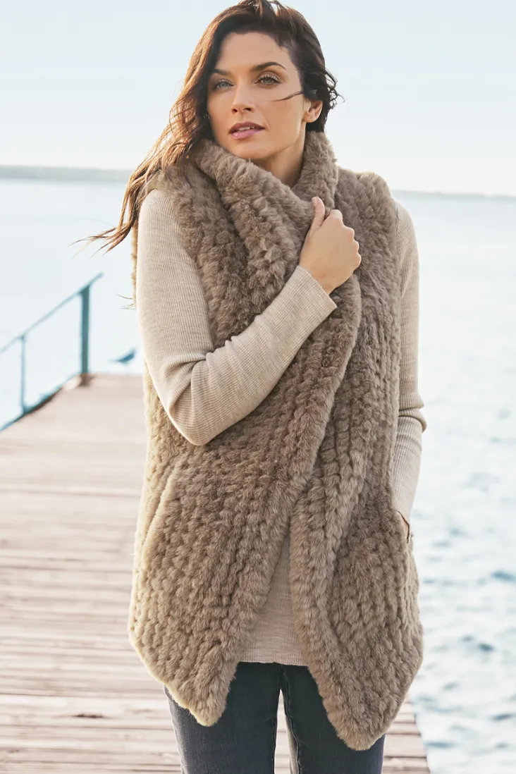 New Soft Surroundings Faux Fur Draped Vest Taupe