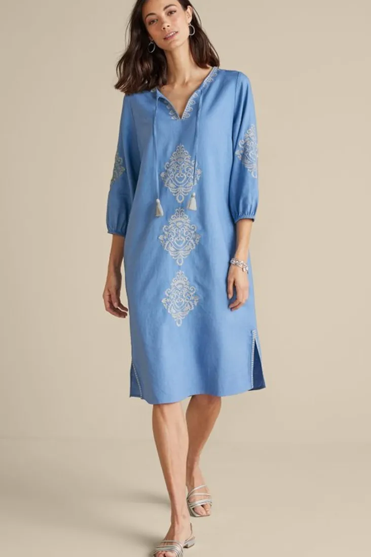 Soft Surroundings Hasana Linen Blend Midi Dress RiversideBlue