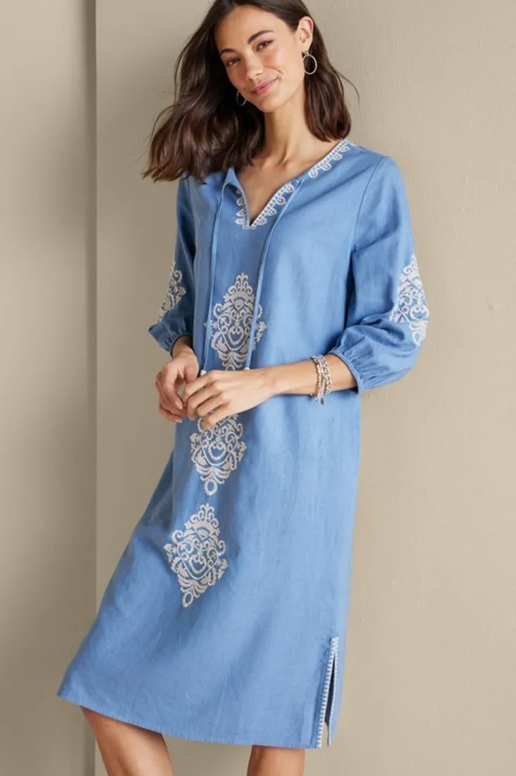 Soft Surroundings Hasana Linen Blend Midi Dress RiversideBlue