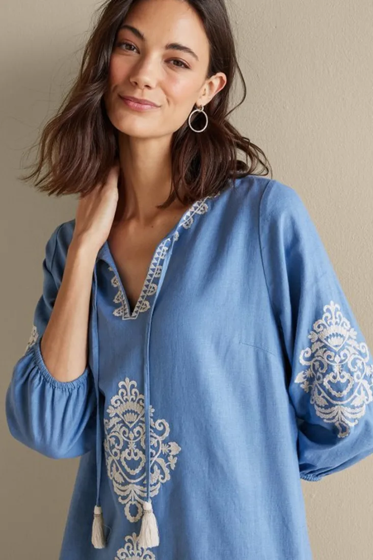 Soft Surroundings Hasana Linen Blend Midi Dress RiversideBlue