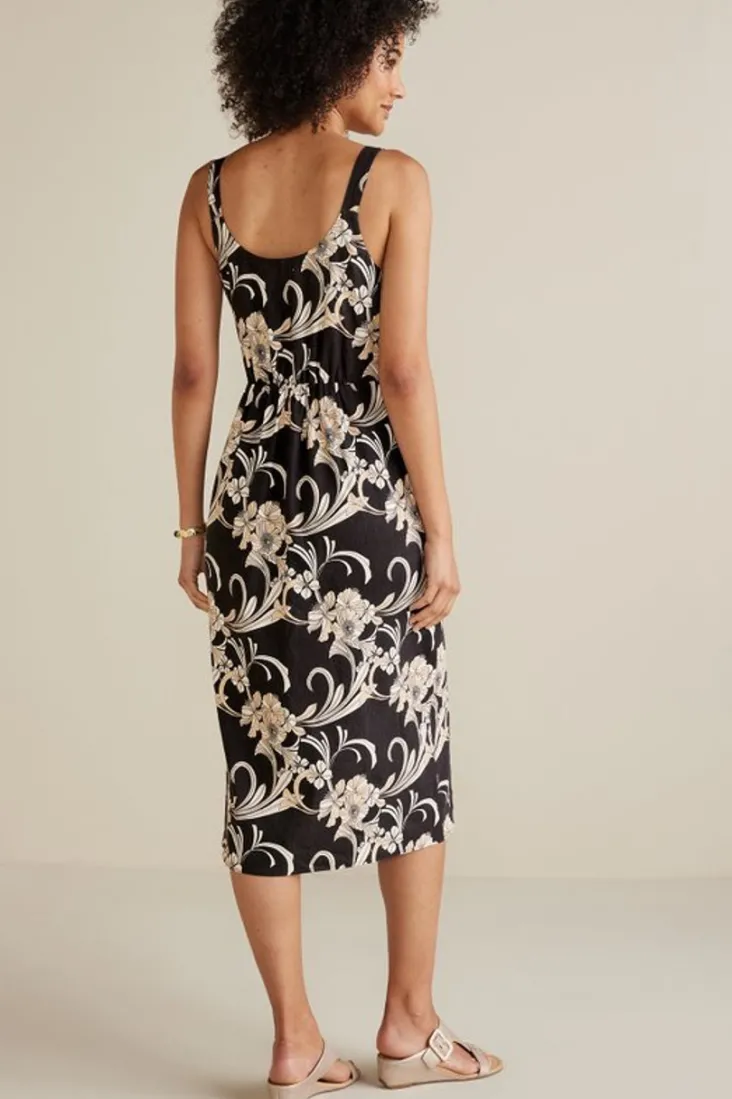New Soft Surroundings Isla Stretch Linen Midi Dress GoldenBotanicals