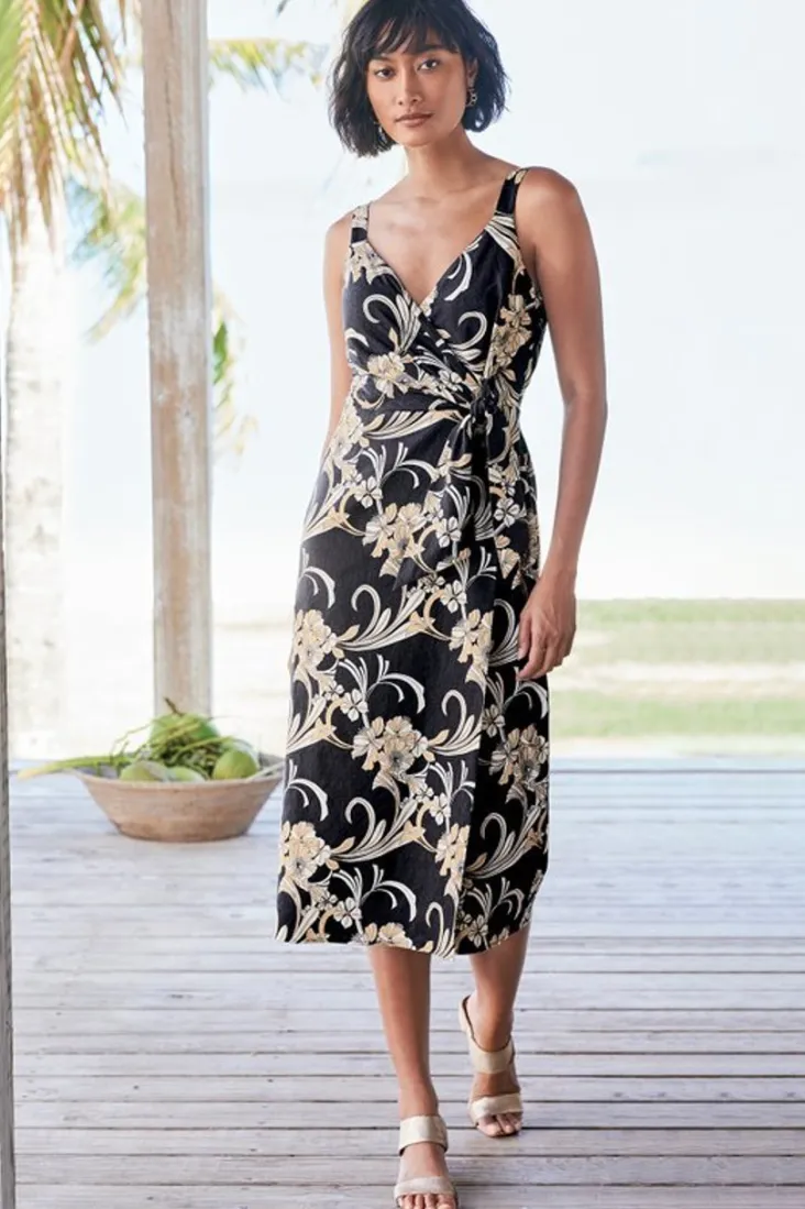 New Soft Surroundings Isla Stretch Linen Midi Dress GoldenBotanicals