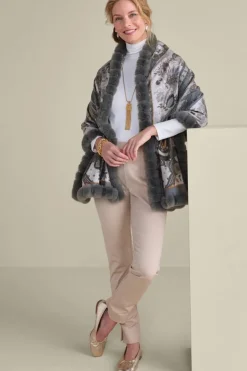 New Soft Surroundings Katya Faux Fur Trim Wrap Scarf Gray