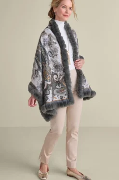 New Soft Surroundings Katya Faux Fur Trim Wrap Scarf Gray