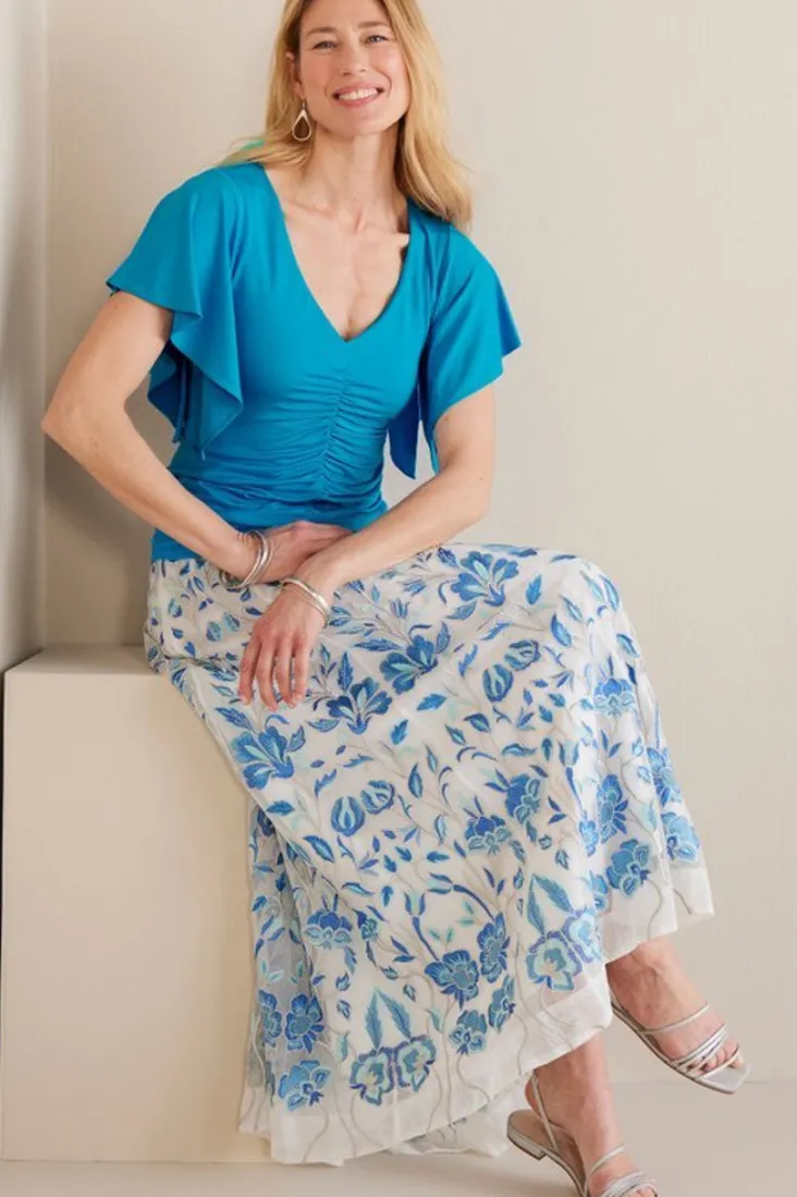 New Soft Surroundings Leya Ruched Top SwedishBlue