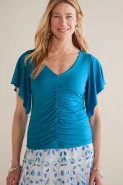 New Soft Surroundings Leya Ruched Top SwedishBlue