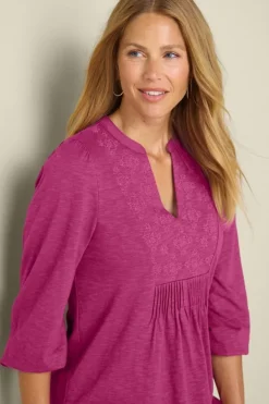 Soft Surroundings Mikaela Embroidered 3/4 Sleeve Tunic RaspberryRadiance